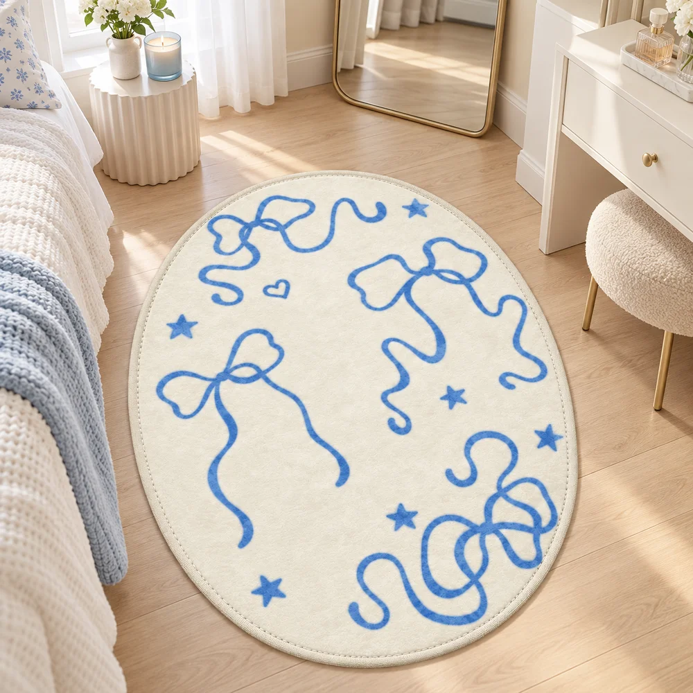 Blue Bow Oval Area Rug Soft Flannel Non Slip Floor Mat For Bedroom Dressing Room Nursery Living Room Home Decor Cute Gift