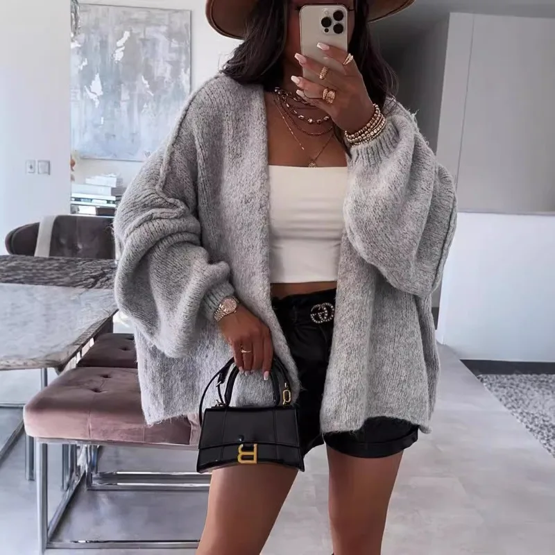 

2025 Autumn and Winter New European and American Casual Loose Solid Color Medium Long Knitted Sweater Cardigan Jacket