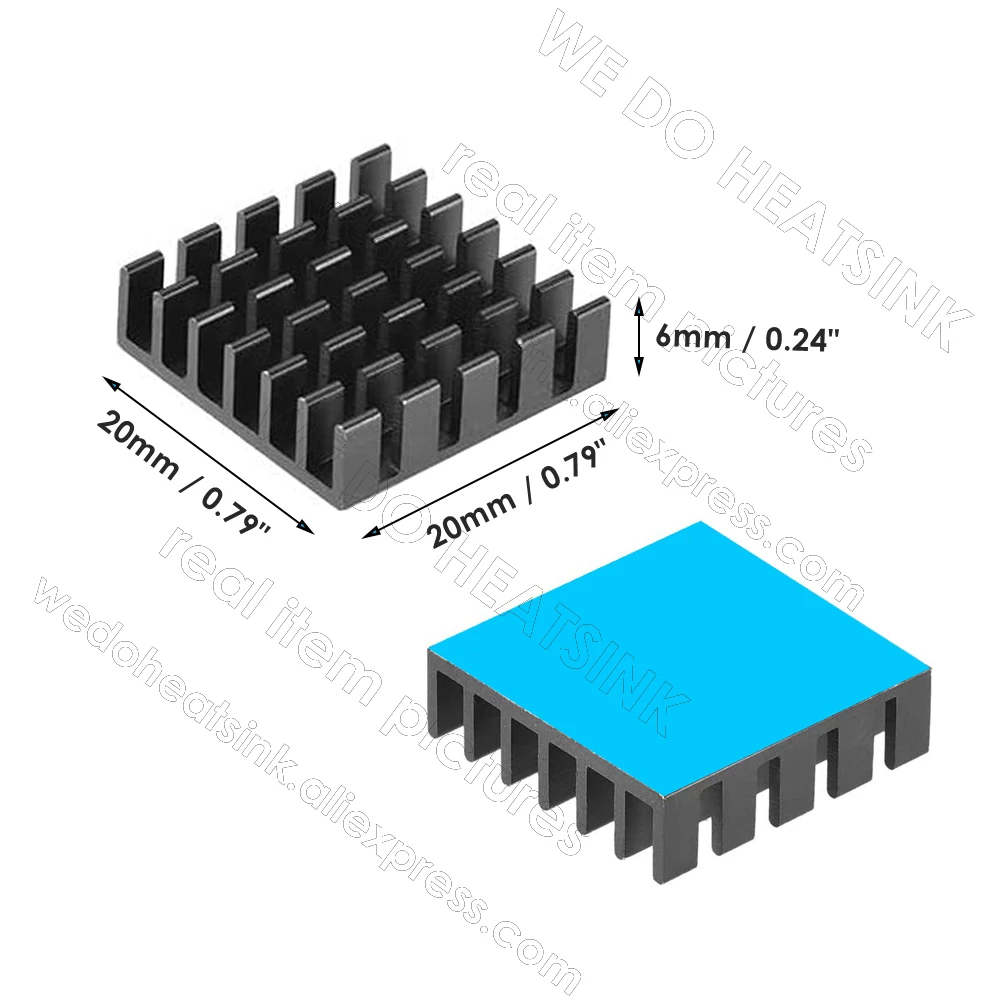 WE DO HEATSINK 100pcs 20x20x6mm Black Slotted Anodized Aluminum Heatsink Cooler With Therma Adhesive Transfer Pad Applied