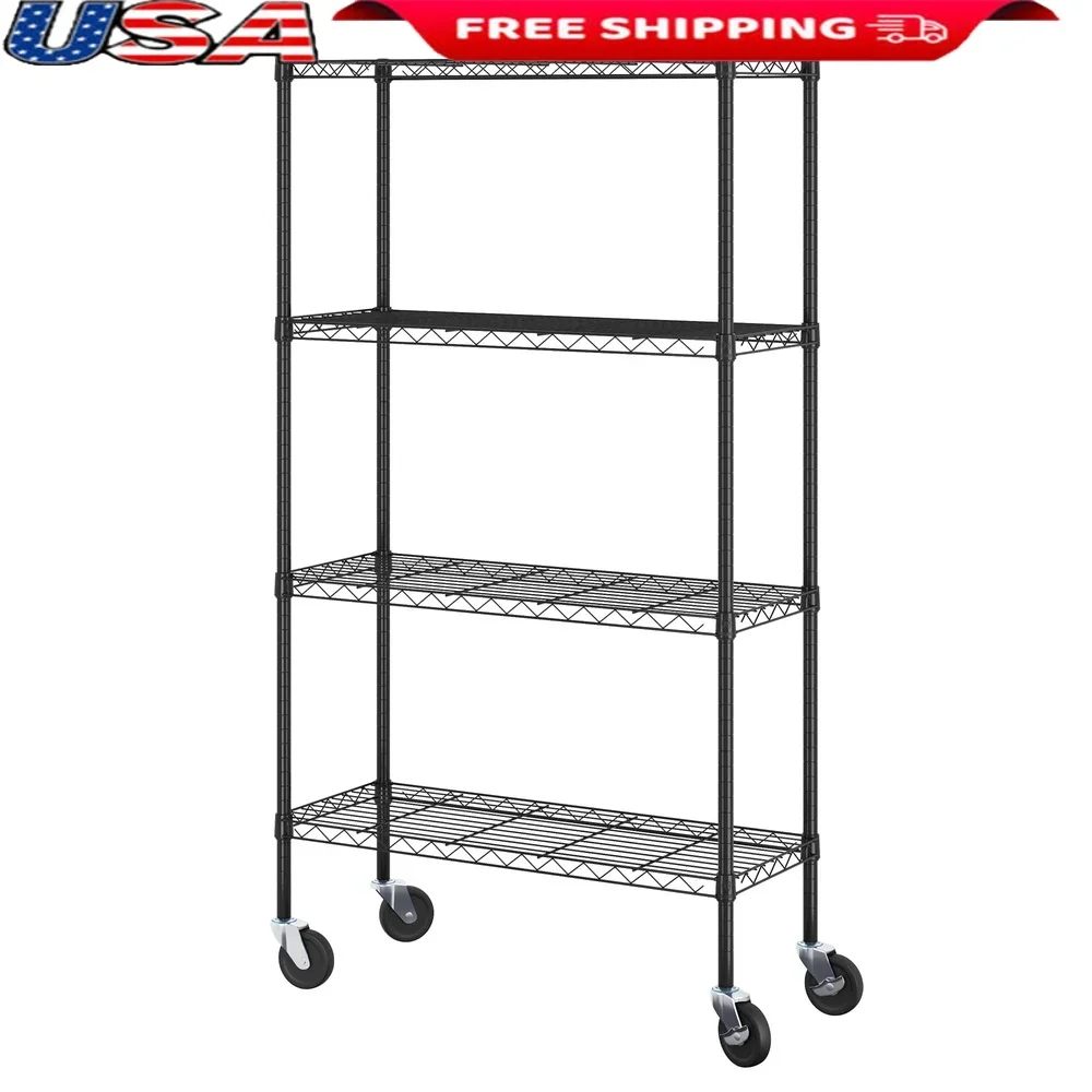 

4-Tier Metal Storage Shelf Heavy-Duty Steel Cart with Adjustable Shelves Interchangeable Casters Kitchen Office Garage