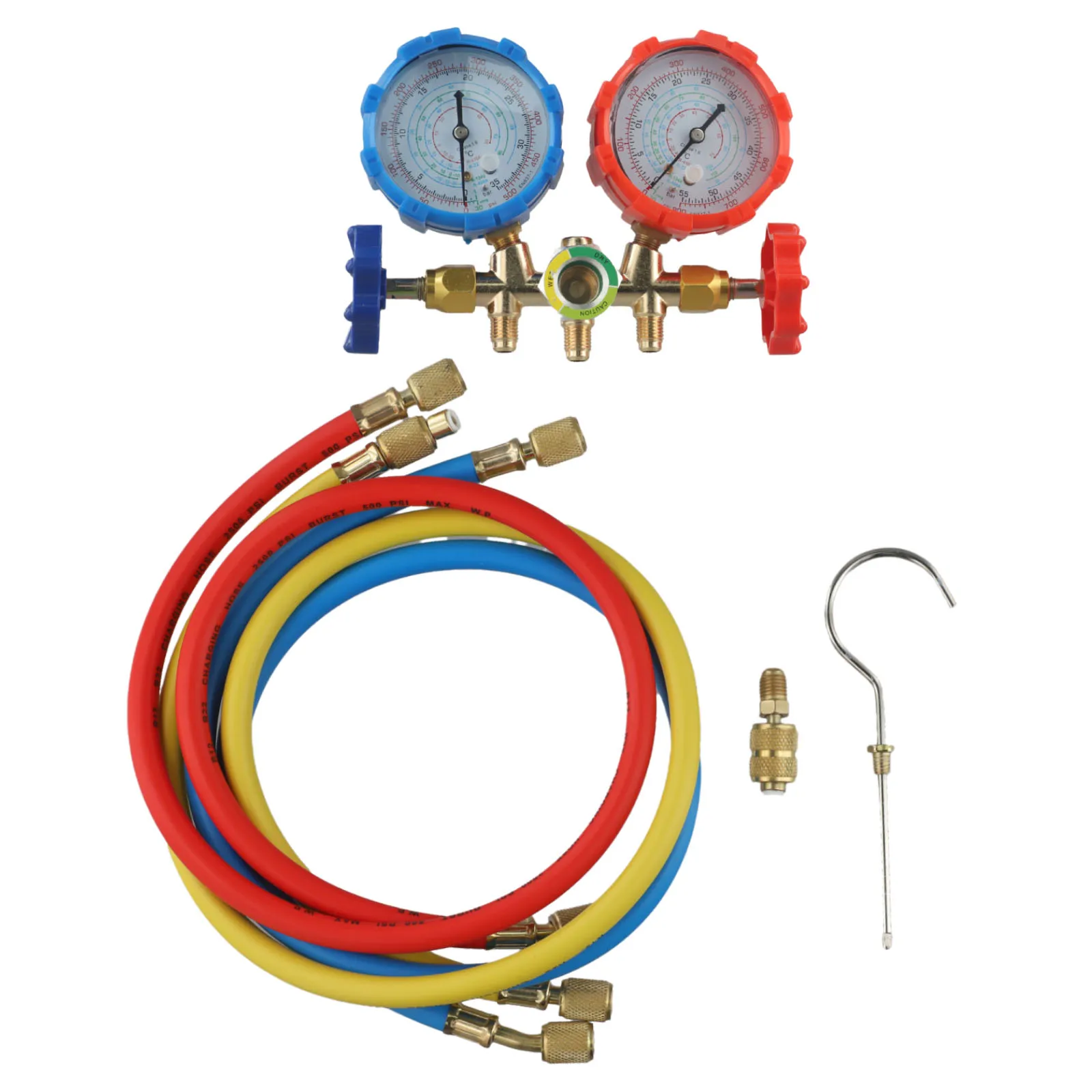 4 Way AC Gauge Set AC Manifold Gauge Set 2500PSI Burst Pressure 500PSI Working Pressure Brass Manifold Color Coded Gauges