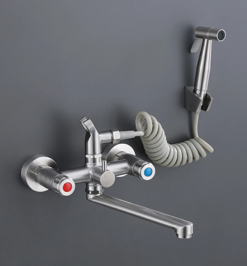 Wall Mounted Bathtub Faucet With Shower Head Sprayer Rotating Long Spout Faucet Two Function Dual Handle Hot Cold Water Mixer
