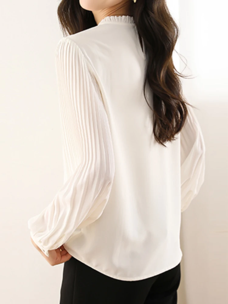New Fashion Women Clothing Chic Folds Puff Sleeves White Blouses Elegant Ruffles Collar Chiffon Shirt Office Ladies Tops Chemise