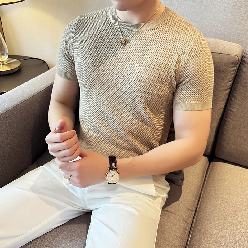 2024 Summer Retro Knitted T-shirt for Men Round Neck Pineapple Pattern Casual T-shirt Short Sleeve Business Social Base Shirt