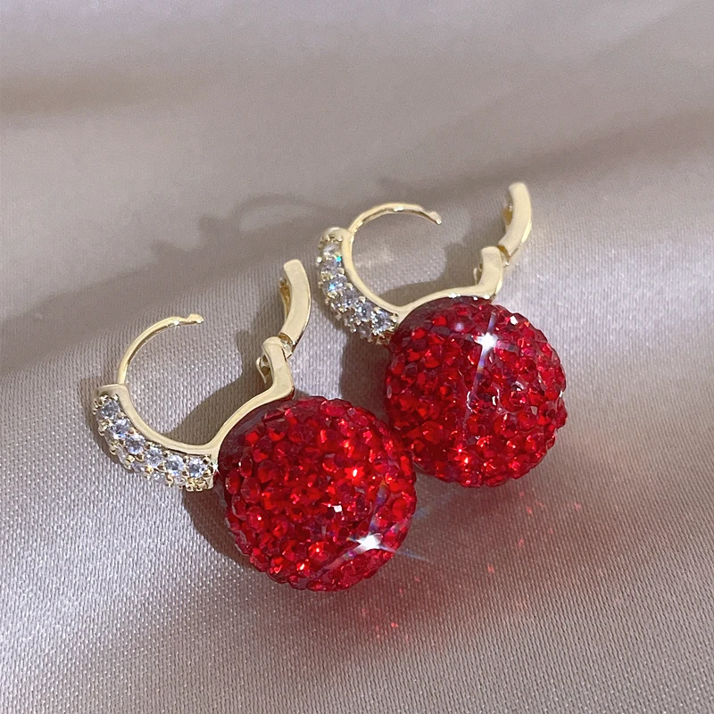 New Fashion Shiny Full Rhinestone Red Ball Drop Earrings for Women Korean Temperament Metal Earrings Jewelry Accessories