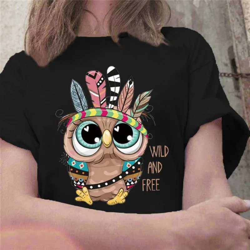 New Cute Owl Print Women's Casual Harajuku Round Neck T-shirt Graphic T Shirts Kawaii Aesthetic Clothes Harajuku Pro Choice Tee