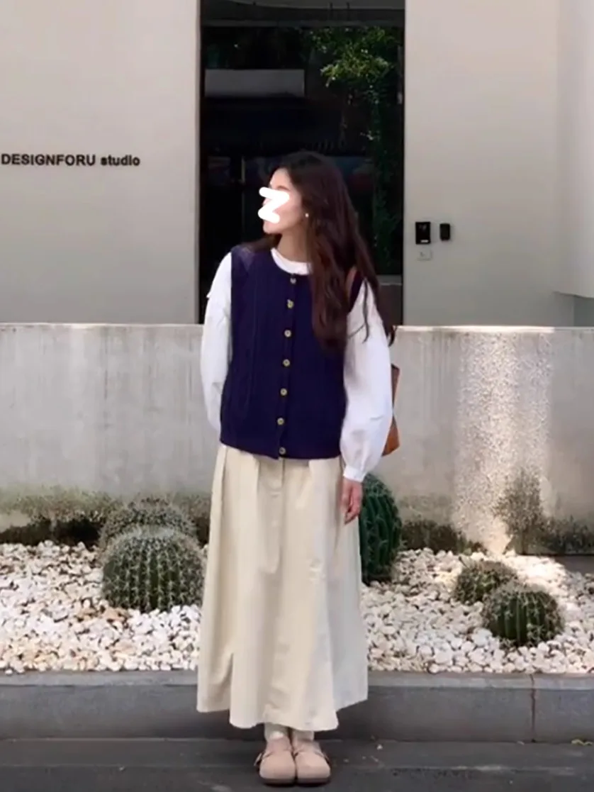 Retro Knitted Long Sleeve Women's Set Deep Blue Cardigan Vest under Long Shirt Two-Piece Set Spring Autumn College Style