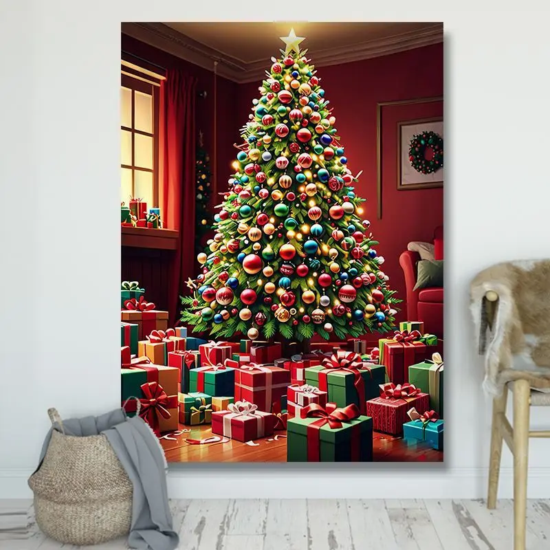 VIKAMA Wall Tapestry Christmas Red Room Ornament Tree Gifts Wreath Window Wall Hanging Dorm Room Aesthetic Xmas Wall Art
