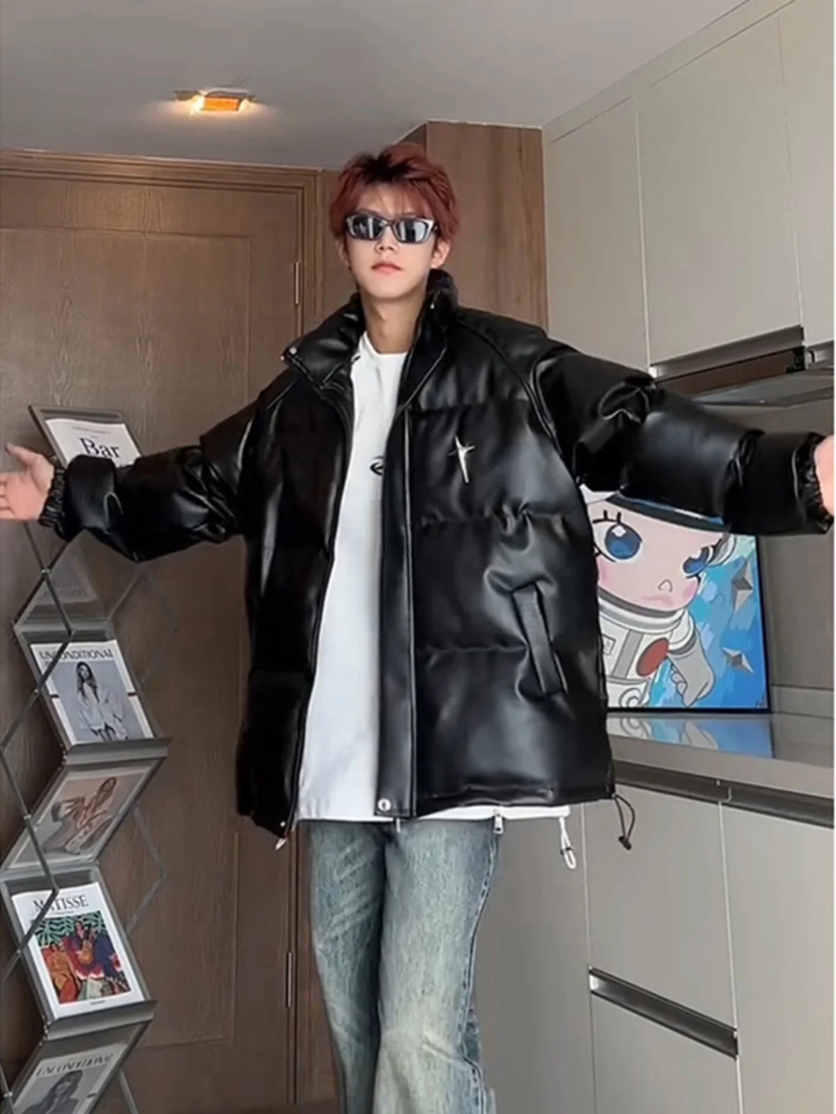 

Men's Thiened PU Leather Cotton Jaet Winter Coat Stand Collar American Sle Bread Clothes Faion Brand Youth