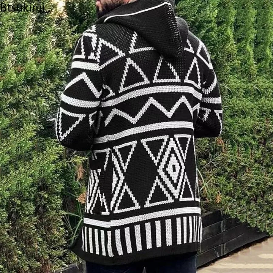 Fashion New Style Men's Clothes Autumn Winter Knitted Hooded Cardigans Streetwear Vintage Jacquard Middle Length Sweater Jackets