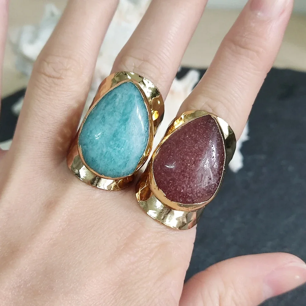 Gold Plated Teardrop Shape Natuarl Gems Amethyst Amazonite Crystal Stone Adjustable Rings for Women Men Fashion Jewelry