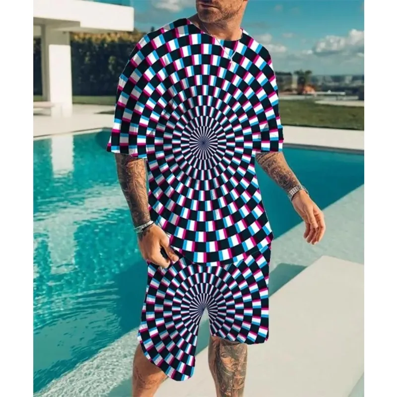 2025 Optical Illusion Pattern T-shirt 2-piece Set Fashion Men's Summer T-shirt Set New Men's Round Neck T-shirt Set 3D Printing