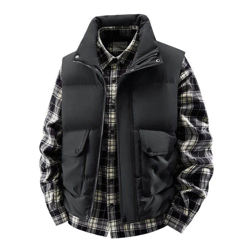 Men's Autumn and Winter Solid Color Zipper Button Pocket Sleeveless Cardigan Vest Jacket Fashionable Casual Top
