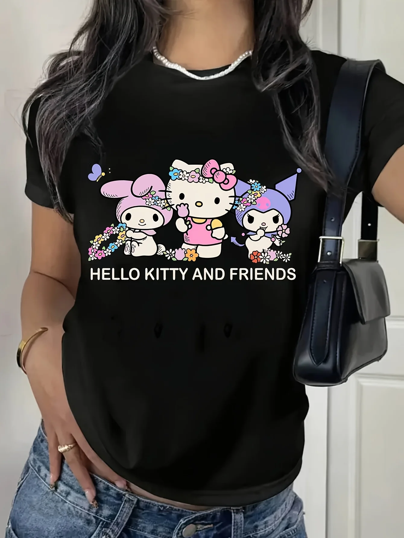 

Sanrio for Hello Kitty&Friends T-shirt - Black Casual Round Neck Short Sleeved T-shirt with Pink Bow Design