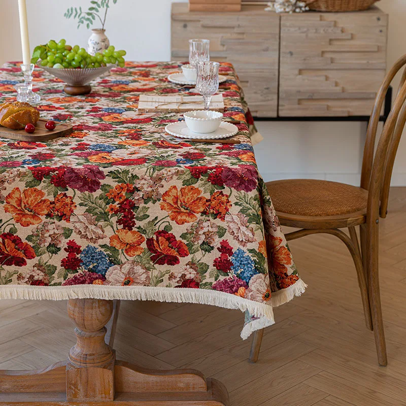 Oil Painting Polyester Embroidered Tablecloth – Floral Mix of Small Scattered Flowers & Large Statement Blooms, Rectangular