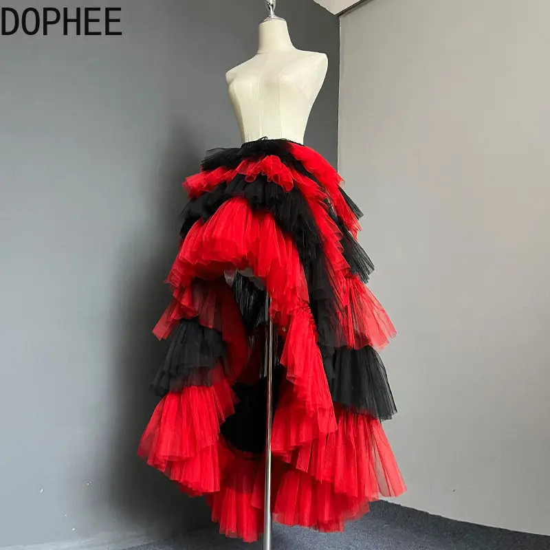 Original Black Red Splicing Trailing Floor-length Beach Princess Skirt Irregular Elastic Waist Elegant Mesh Ruffles Fairy Skirts