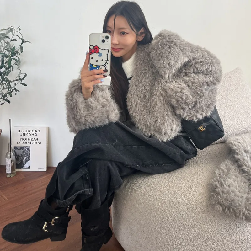 

Faionable Women's Loose Fur Coat Autumn Winter New Sle Korean Chic Versatile Slimming Top Matching Scarf Commute Sle