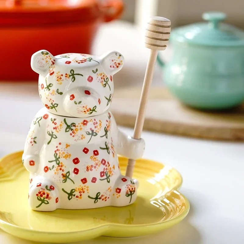 Ceramic Cute Bear Honey Jar with Lid Candy Storage Jar for Kitchen Honey Spoon Tea Storage Box Kitchen Accessory Home Decor