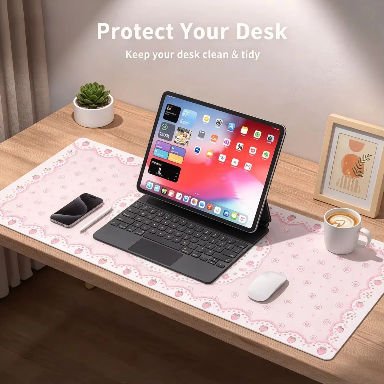New Pink Polka Dot Fish Cake Strawberry Floral Leather Desk Pad Protector Mouse Pad Office Desk Mat PU Desk Keyboard Cartoon Pad - view 5