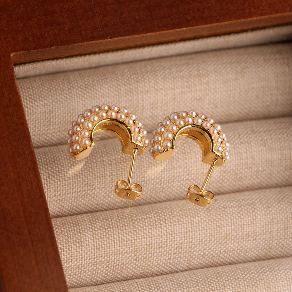 

5 Pairs, Simple Women Jewelry Imitation Pearl Stud Earrings Gold Plated Classic Elegant C Shape Earring