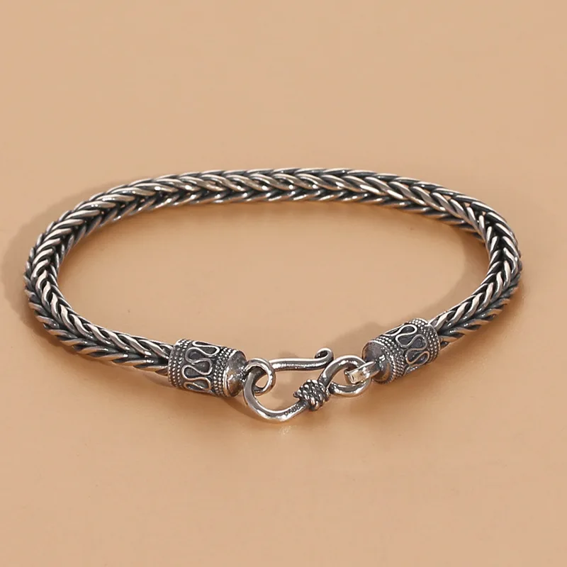 

S925 thai silver retro square hemp rope peace pattern braided fox tail handmade chain men's trend casualstylish jewelry