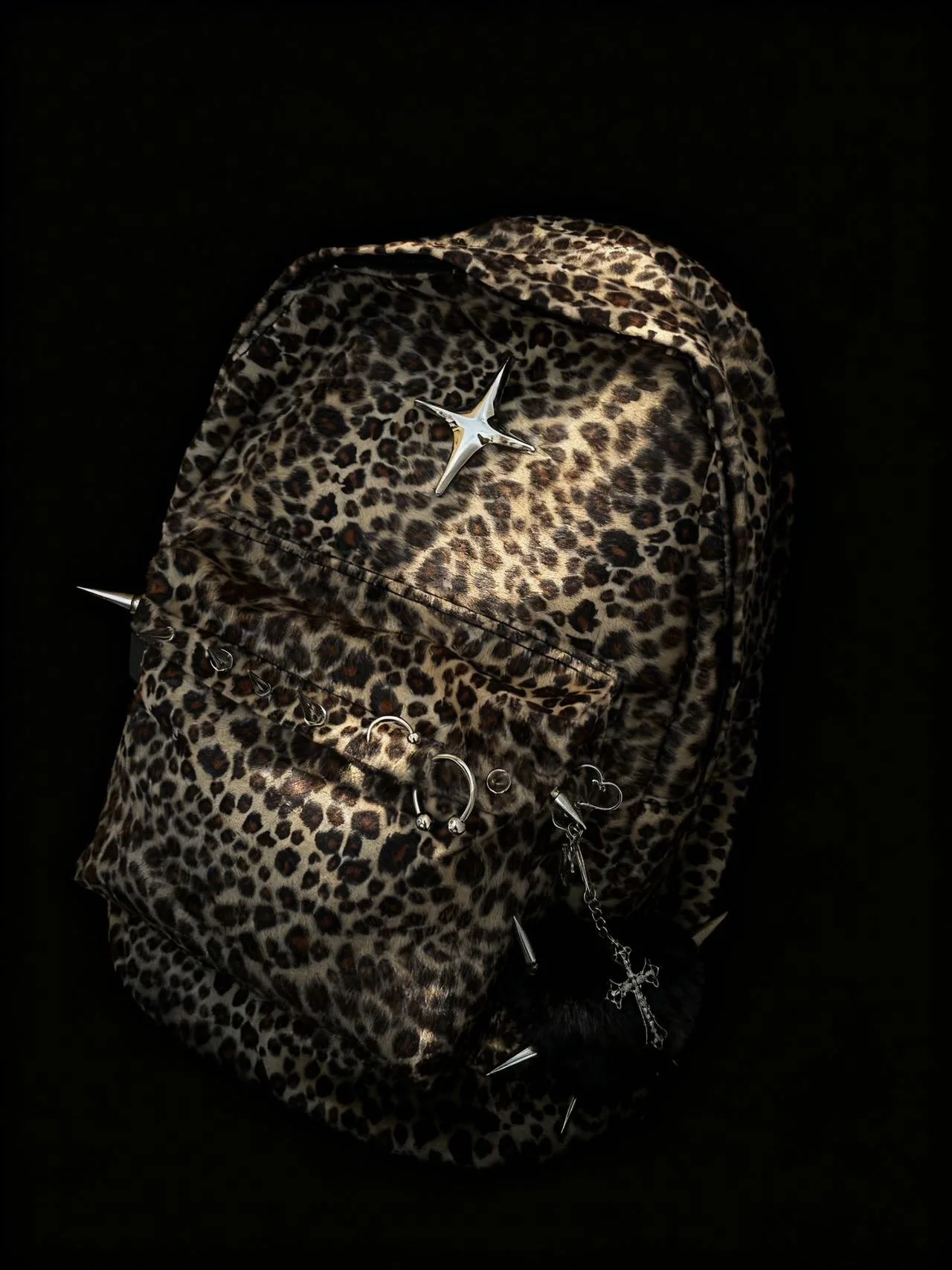 Large-Capacity Leopard Print Backpack Punk Rivet Detail Autumn Winter Shoulder Bag Trendy Cute Cool Design for Men Women view 5