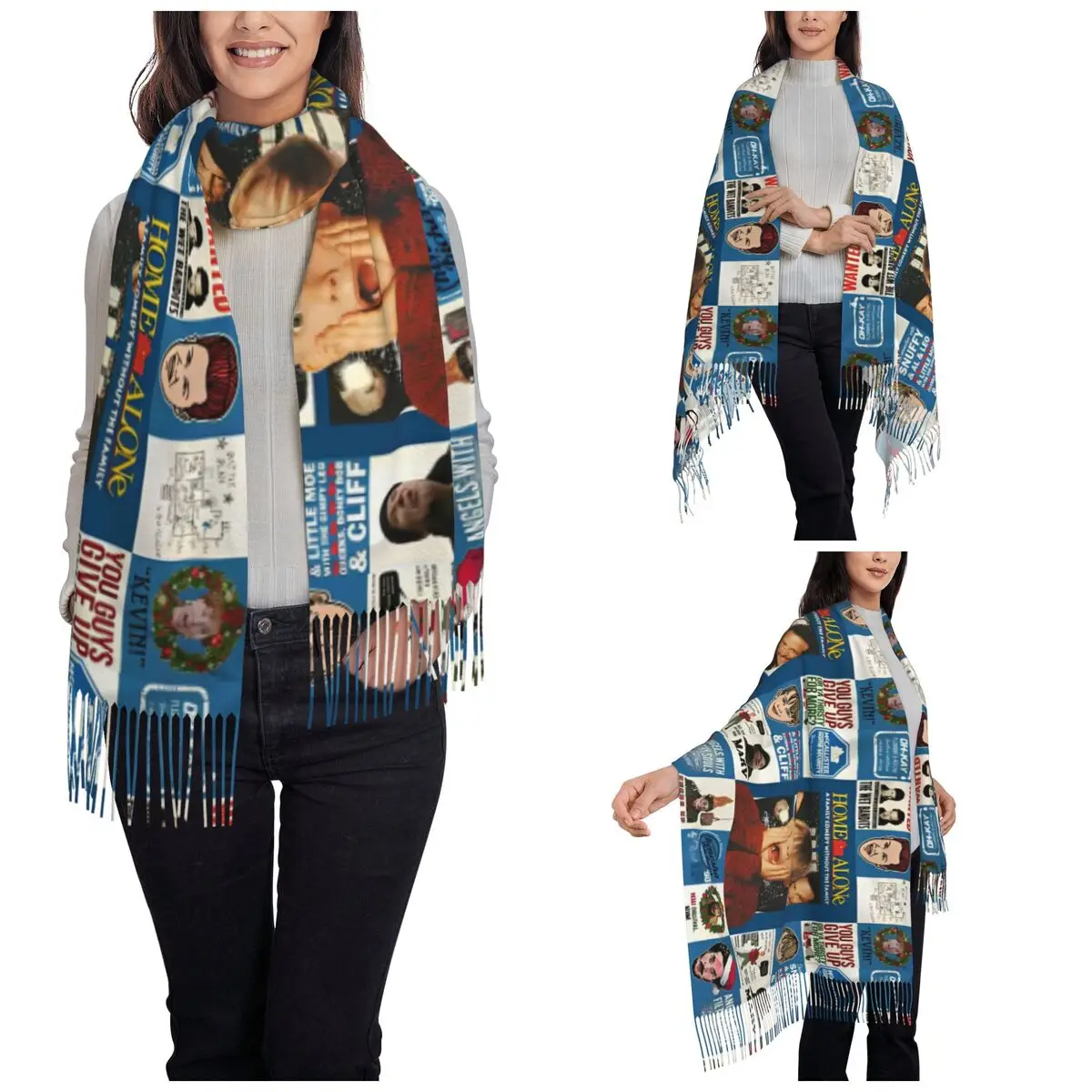 Womens Scarf with Tassel Home Alone TV Series Collage Long Winter Fall Shawl and Wrap Kevin Macaulay Culkin Gifts Cashmere Scarf