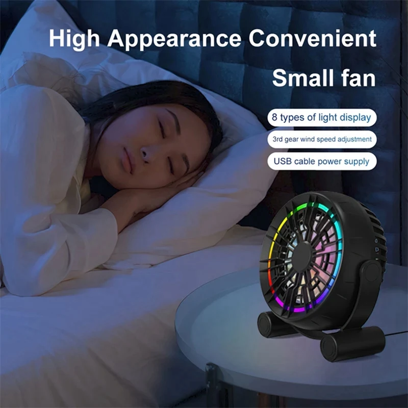 USB Powered Desktop Fan com iluminação LED, operação silenciosa, 3 velocidades, rotação 360 °