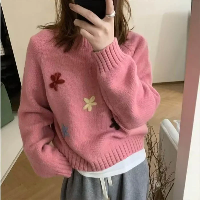 

Осень-зима, новые модные шикарные пуловеры с вышивкой, удобные теплые вязаные топы из мягкой шерсти, женские винтажные свободные свитера с круглым вырезом