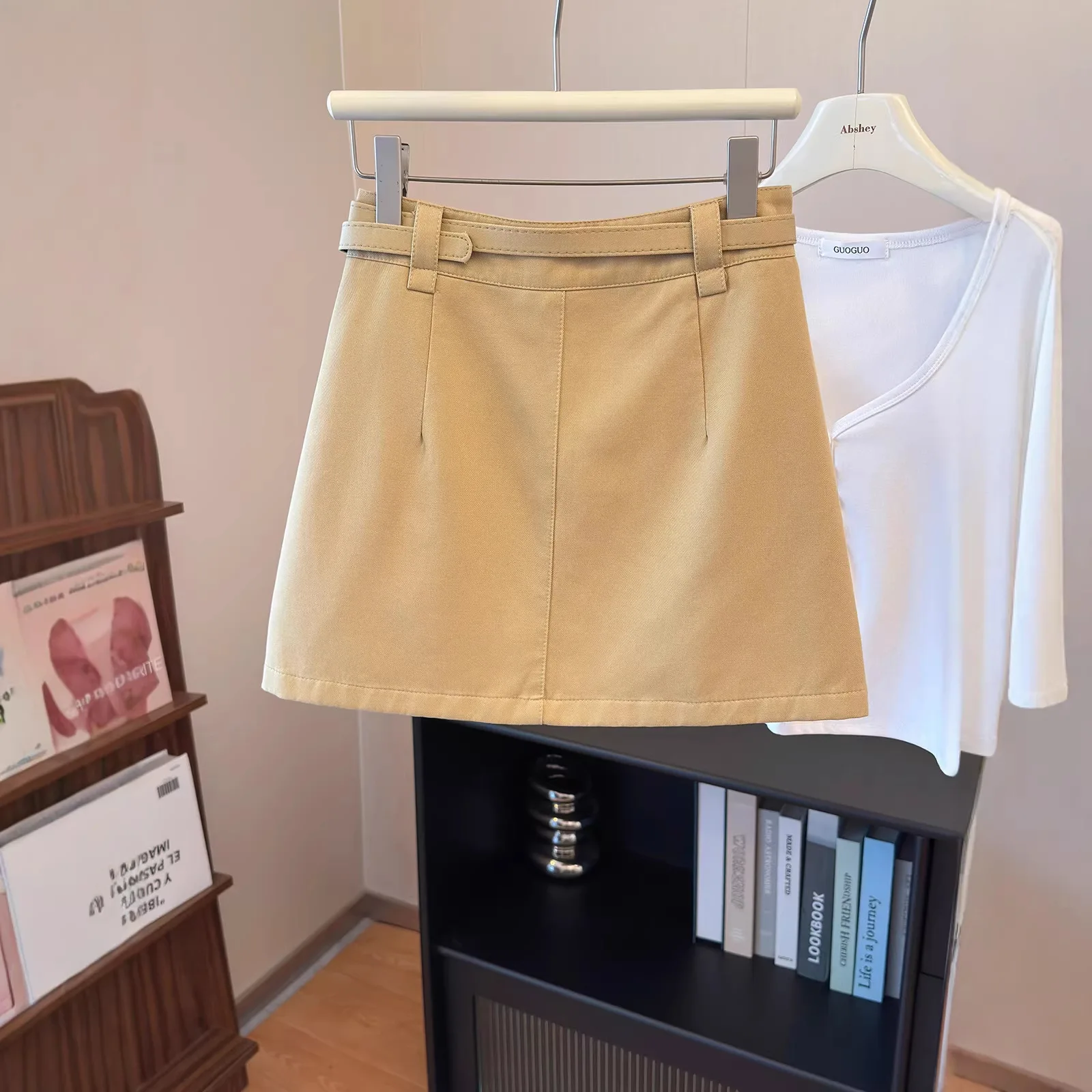 With Belt Solid Color A-shaped Skirt 2026 High Waist Anti-light Denim Cotton Skirt