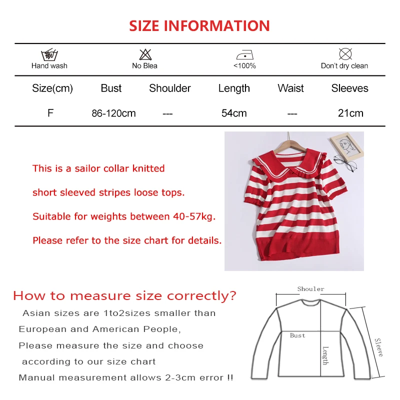 Women Summer Sweet Sailor Collar Tops Stripes Thin Short Sleeved Pullover Elastic Loose Casual T-shirt Spring Chic Knit Shirt