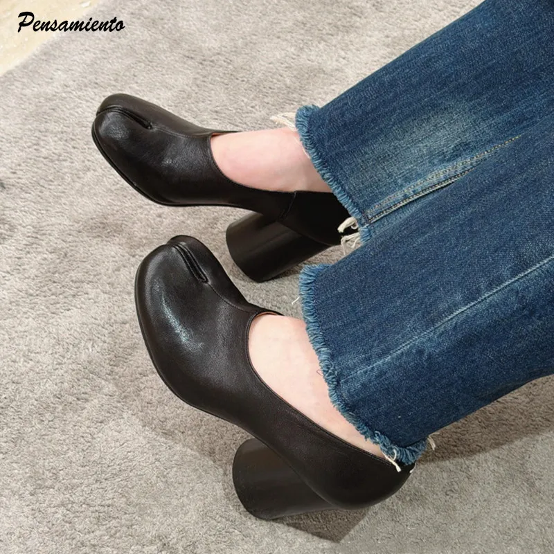 

Fashion Soft Leather Split Toe Ballet Women Pumps Spring Summer Vintage Black Tabi High Heels Mules Casual Slip-on Chunky Shoes