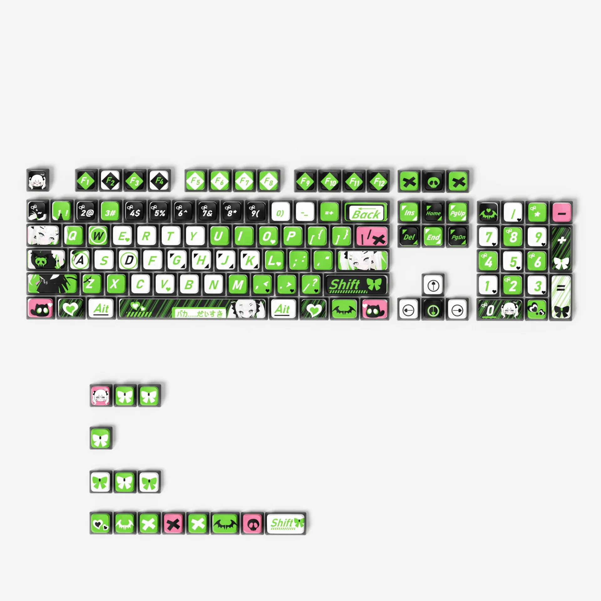 Little Devil - Groene Anime-thema Keycaps 118-toetsen XDA-profiel, thermische sublimatie PBT, universeel voor mechanische toetsenborden