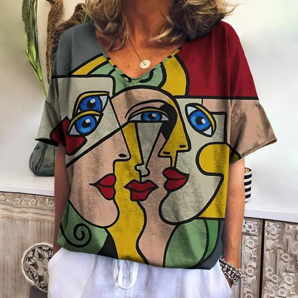 T-shirt à manches courtes pour femmes, col en V abstrait, peinture à l'huile décontractée, vêtements féminins, mode de rue rétro, nouveau