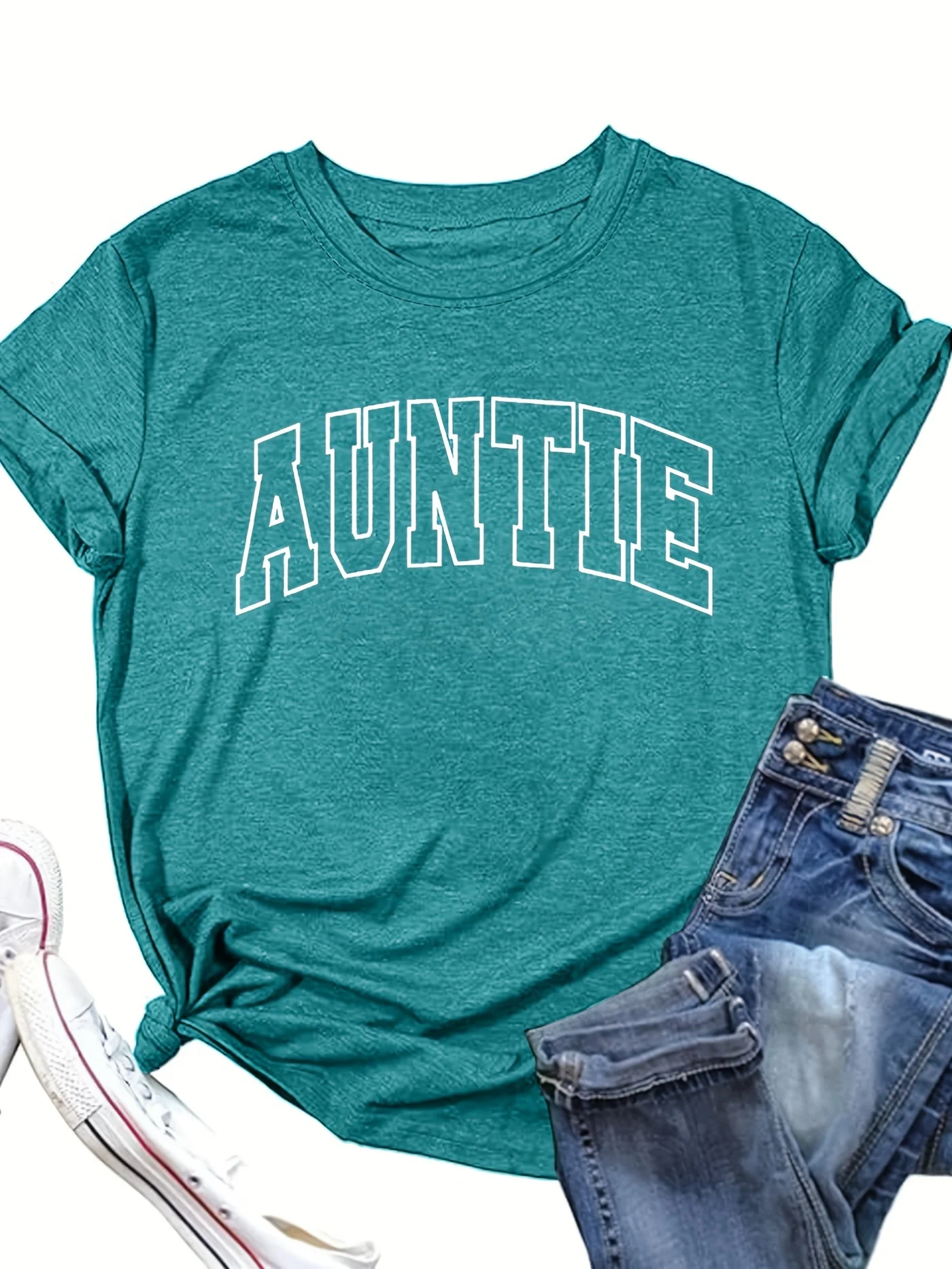 Auntie Print Crew Neck T-shirt, Casual Short Sleeve Summer Top, Women\'s Clothing