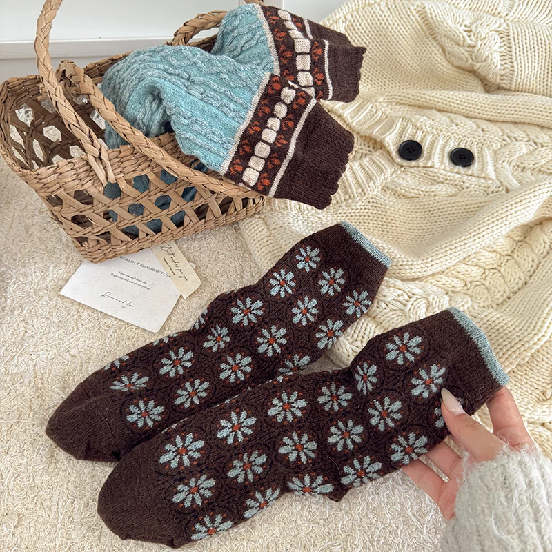 الجوارب الرجعية للنساء جديد الخريف الشتاء الكورية نمط الأزهار الجوارب تنفس عادية طويلة الدافئة الجوارب السميكة مضحك جودة عالية #5