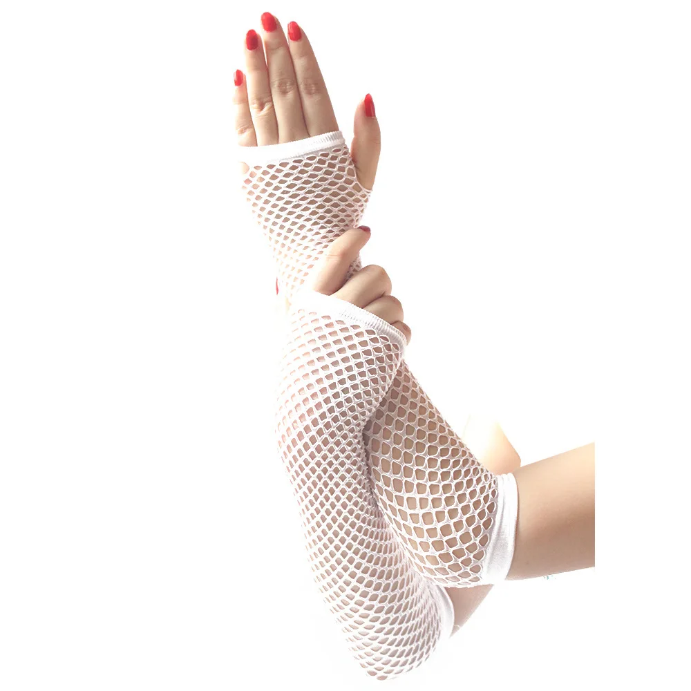 Sexy Women Medium Length Fishing Net Elastic Mesh Black White Ancient Party Long Punk Fingerless Nightclub Etiquette Gloves