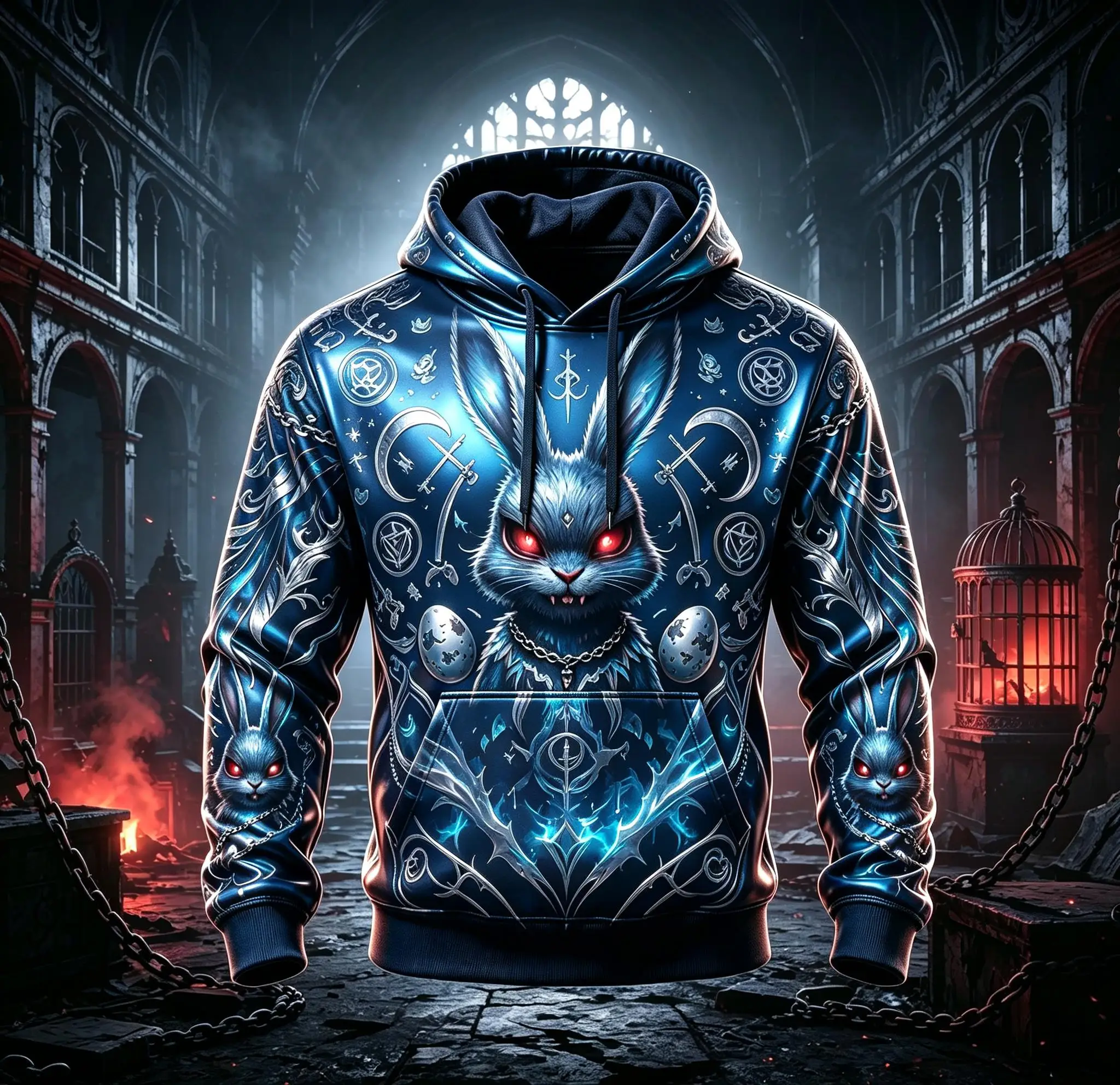 Men Fleece Lined Hoodie Black Red Dark Demon Rabbit Blood Moon Magic Rune Print Pullover Halloween Sweatshirt