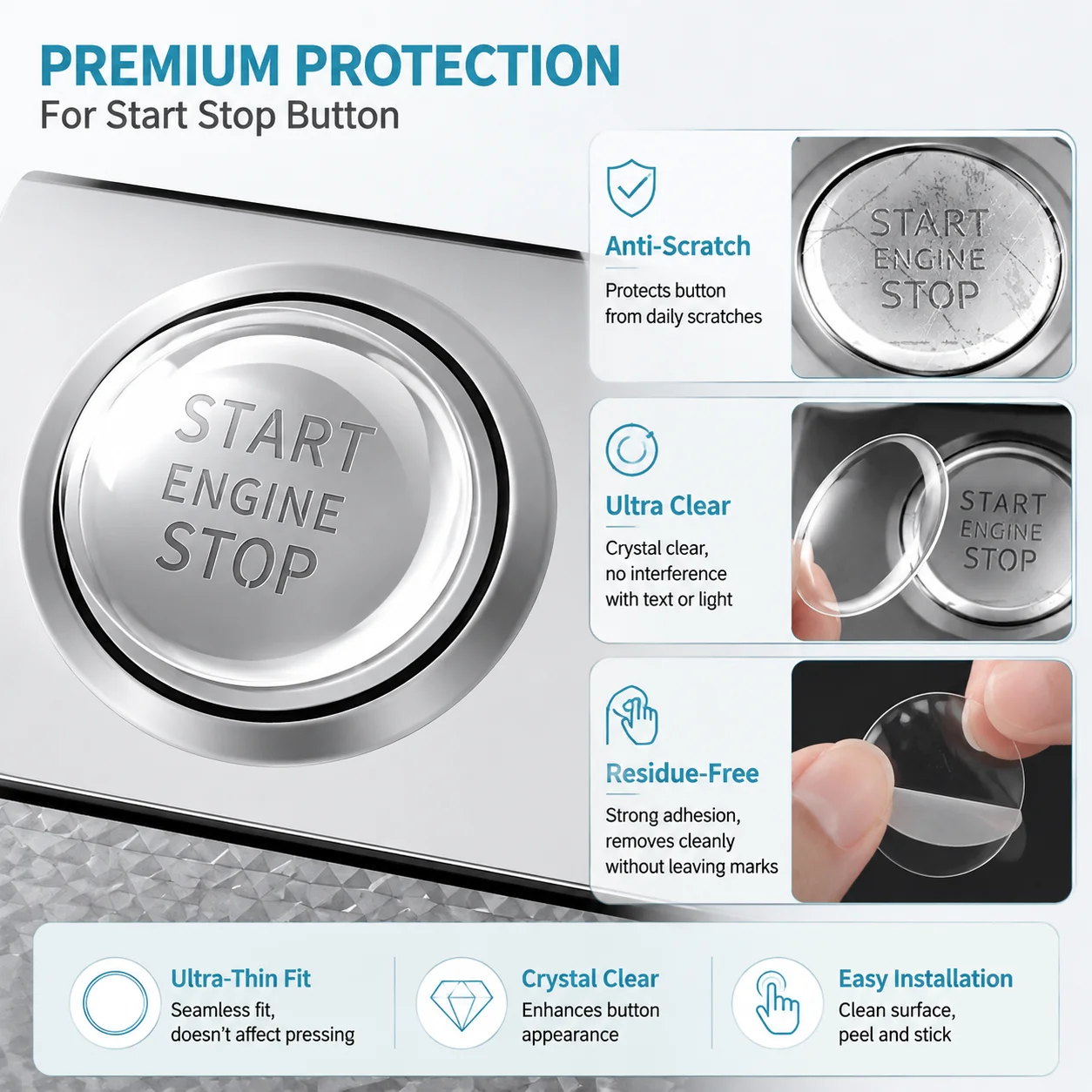 Lanke Transparent Car Push Start Button Protector Film Clear Gel Sticker Scratch Guard for Interior Ignition Switch Trim
