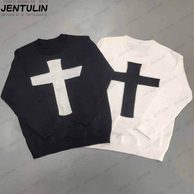 

Y2K Harajuku белый и черный свитер с распятием, женский уличный свободный пуловер с длинными рукавами, толстовка унисекс, теплое пальто
