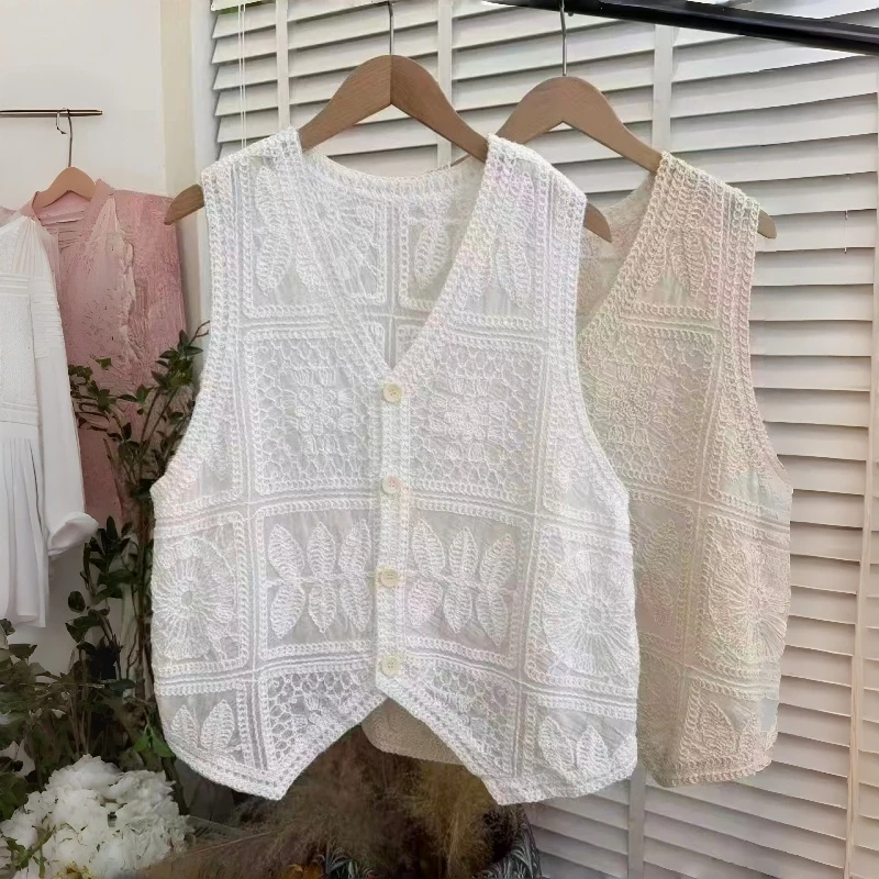

High-End plus Size Women's Fashion 2026 Spring Summer New Hooked Floral Hollow V-Neck Tank Top Jacket Vest Women's Shirt