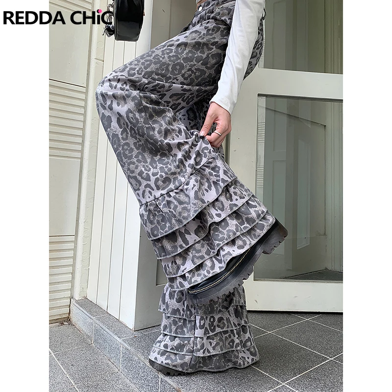 ReddaChic Ruffle Hem Leopard Cargo Pants Women Wash Frilly Pockets Bell Bottoms Low Rise Flare Jeans Retro Grayu Y2k Streetwear