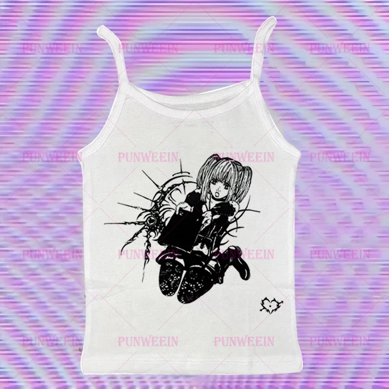 

Harajuku Vintage Punk Grunge Casual Summer Baby Tank tops Slim Y2k Japan Anime Gothic Print Streetwear Tops Summer 90s Vest