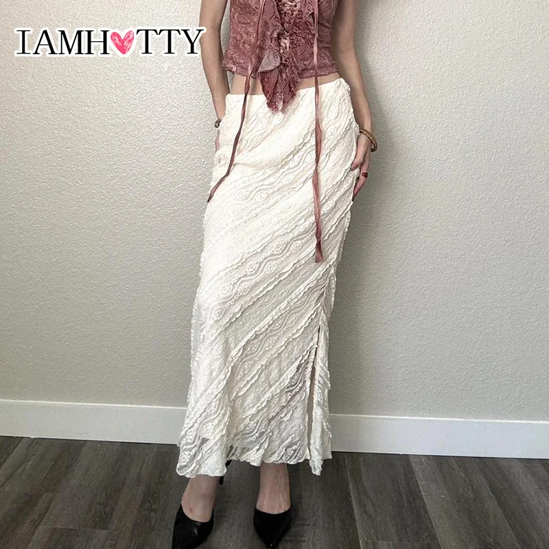 

IAMHOTTY Fairycore Folds Straight Long Skirt Women Chic Elegant Slim-fitting Split Maxi Skirts French Style Bottoms Holiday