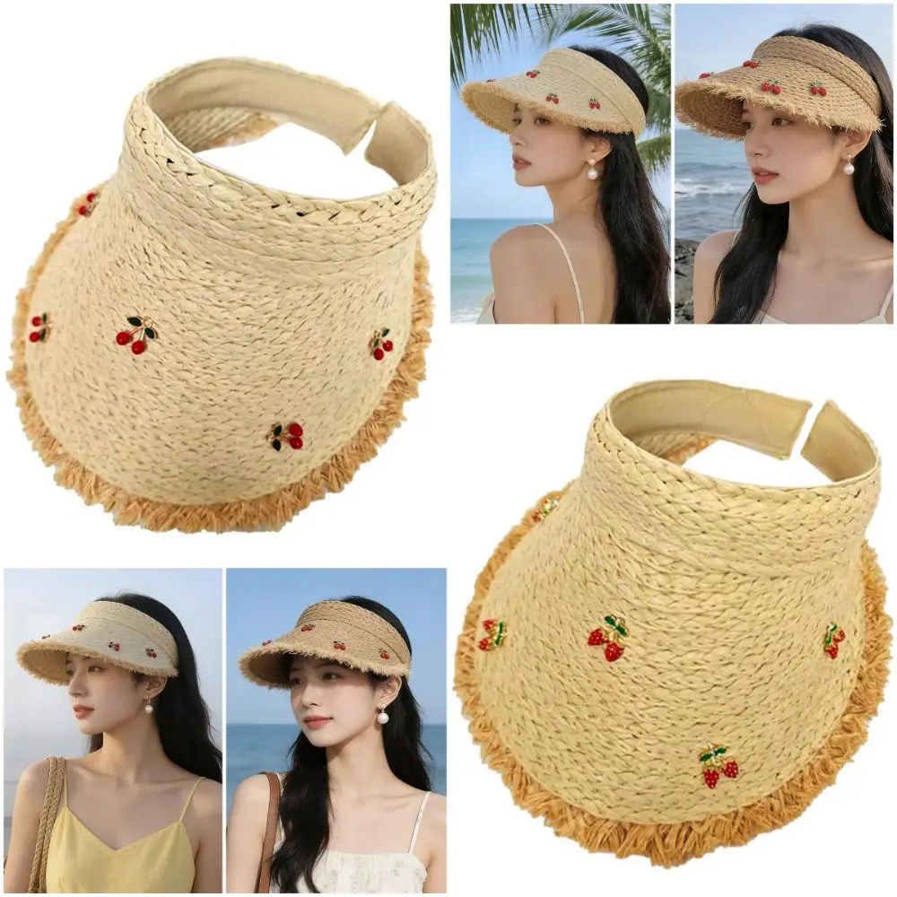 

Dopamine Cherry Strawberry Sun Hat Beige Khaki Headband-style Open-crown Straw Hat Sunscreen Breathable Sunshade Cap Summer