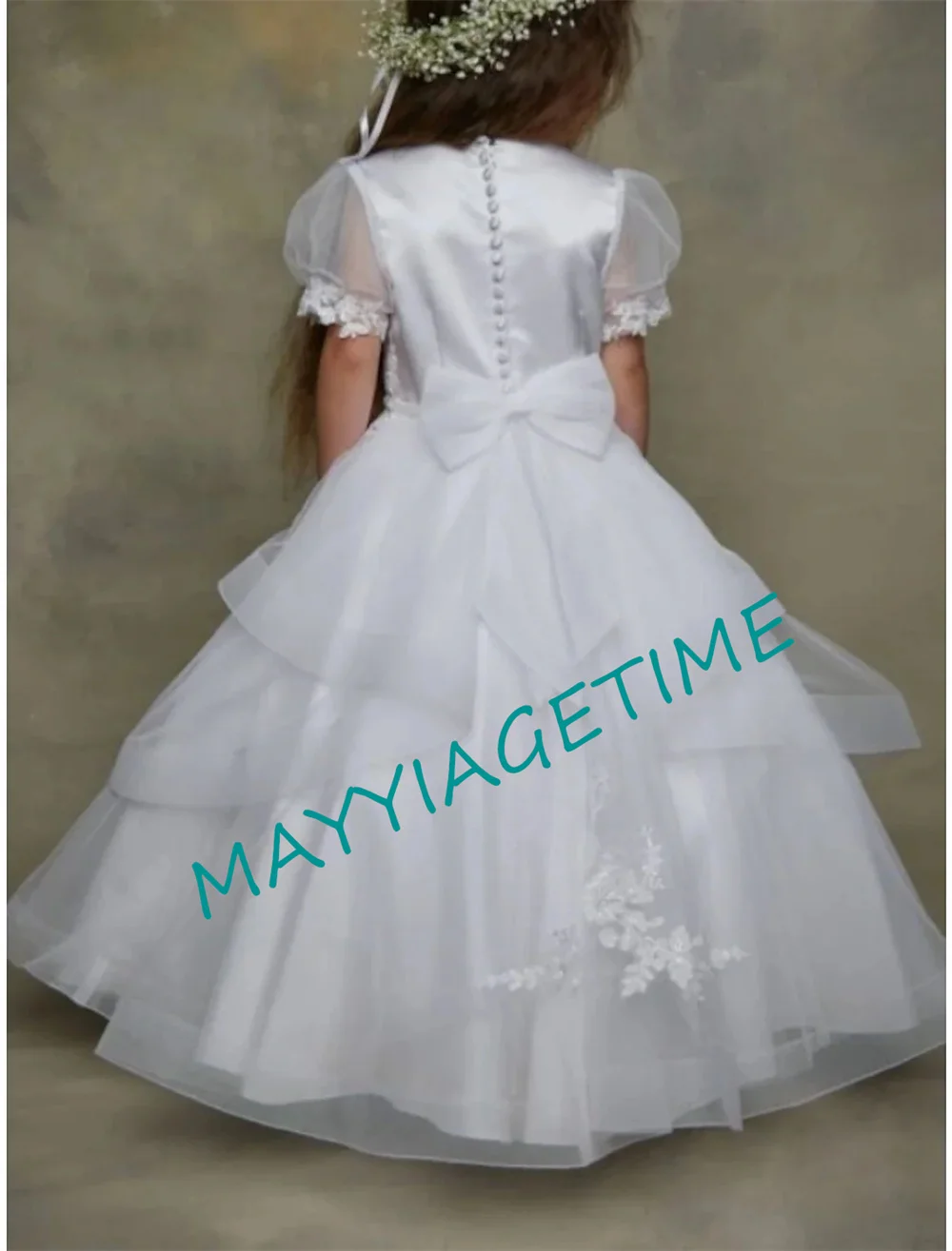 

Cute Princess Short Sleeve Ball Gown Flower Girl Dress First Communion Prom Satin with Bow Tiered Tutu Fit 3-16 Years