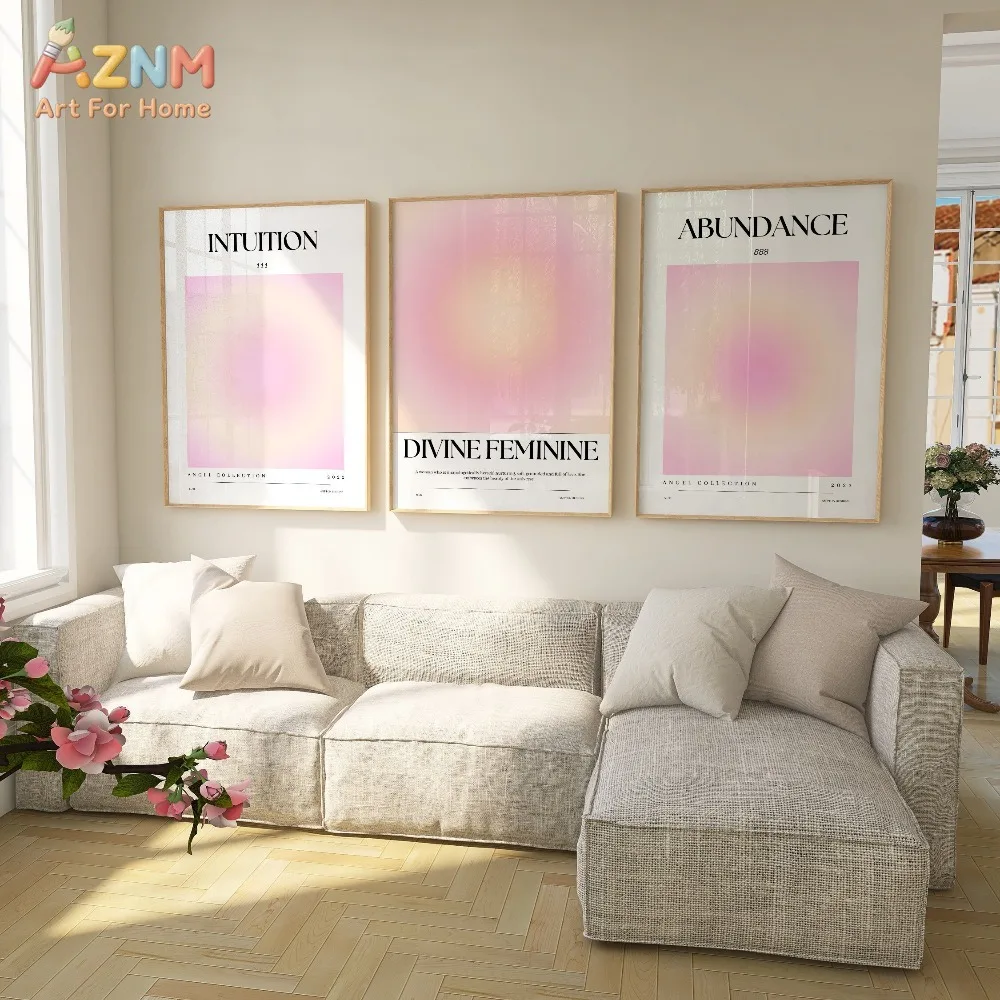 AZNM Pink Aura Gradient Canvas Wall Art, Divine Feminine Positive Affirmation Angel Number Print Frameless Canvas Painting,