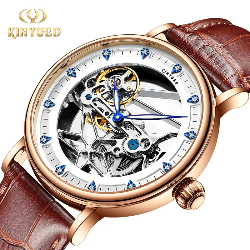 

KINYUED брендовые модные прозрачные полые механические часы мужские кожаные водонепроницаемые роскошные автоматические часы со скелетом мужские Relogio