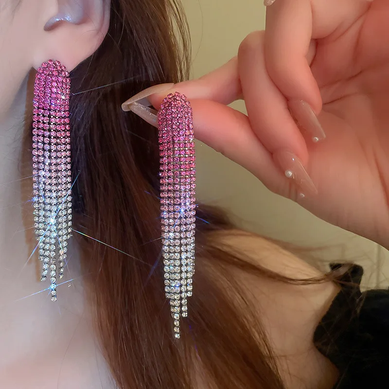 Shiny Rainbow Color Crystal Earrings for Women Long Tassel Pink Rhinestone Dangle Earrings Ladies Bride Weddings Jewelry