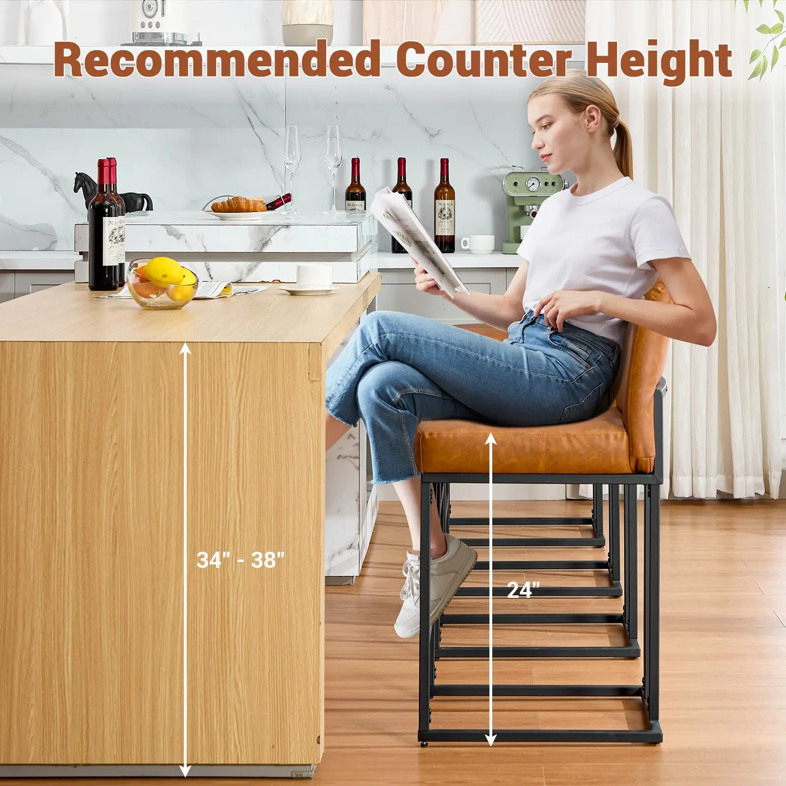 Modern Counter Height Bar Stools with Back 24 in Faux Leather Upholstered Seats Sturdy Metal Frame Armless Design  for Kitchen Island/Dining Room/Home Bar